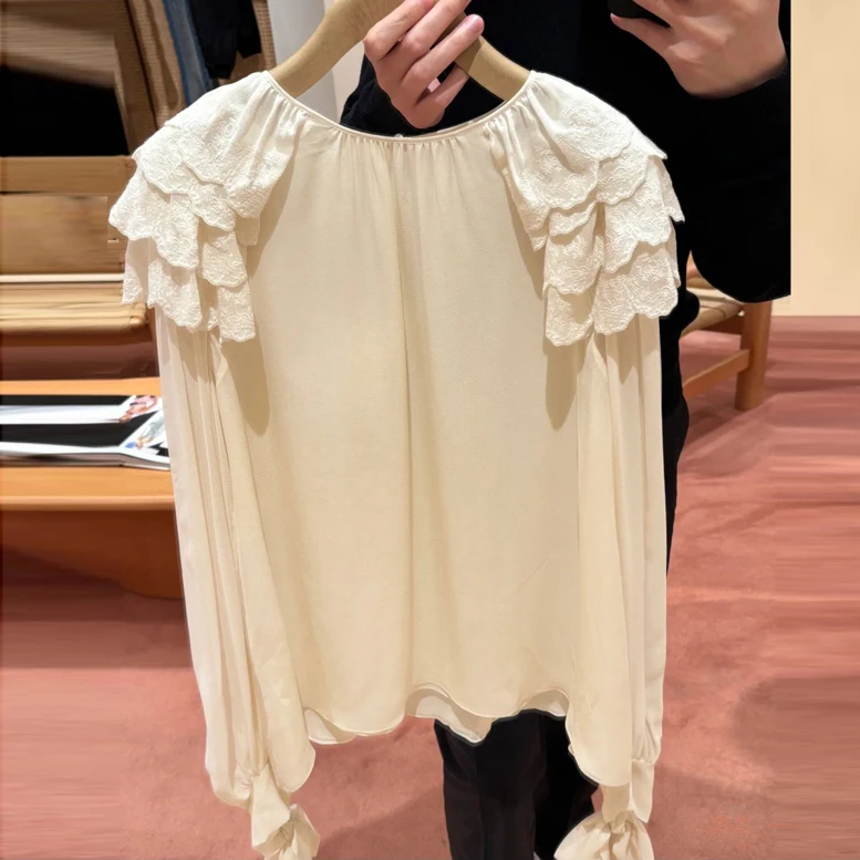 

Шелковый длинный свеч ручной работы с вышитым кружевом и жемчугом, привлекающий винтажный женский топ премиум-класса Faion