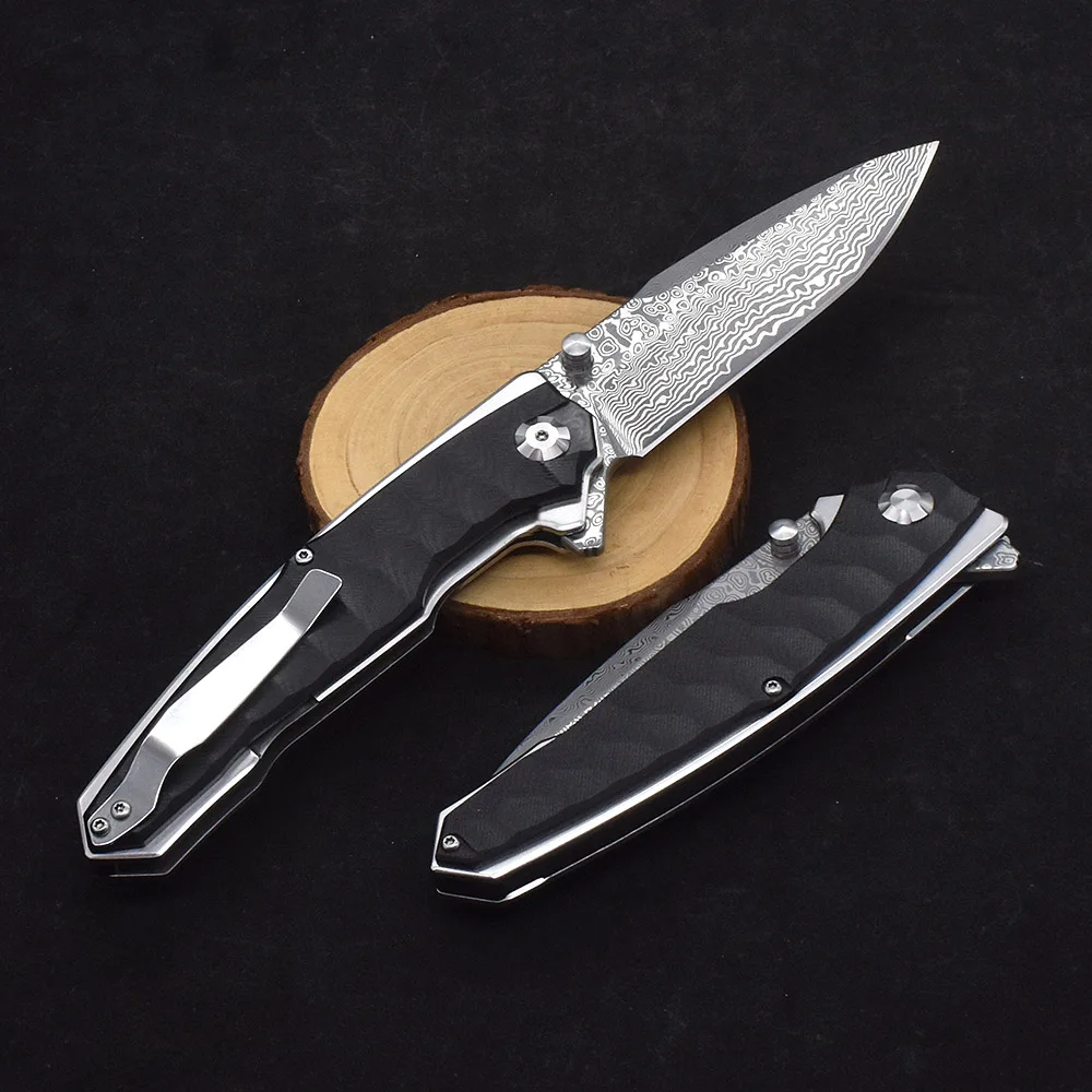 Damascus Steel G10 Handle High Quality Handmade Folding Bearing Knife Outdoor Camping Survival Fishing Hiking Portable Knife