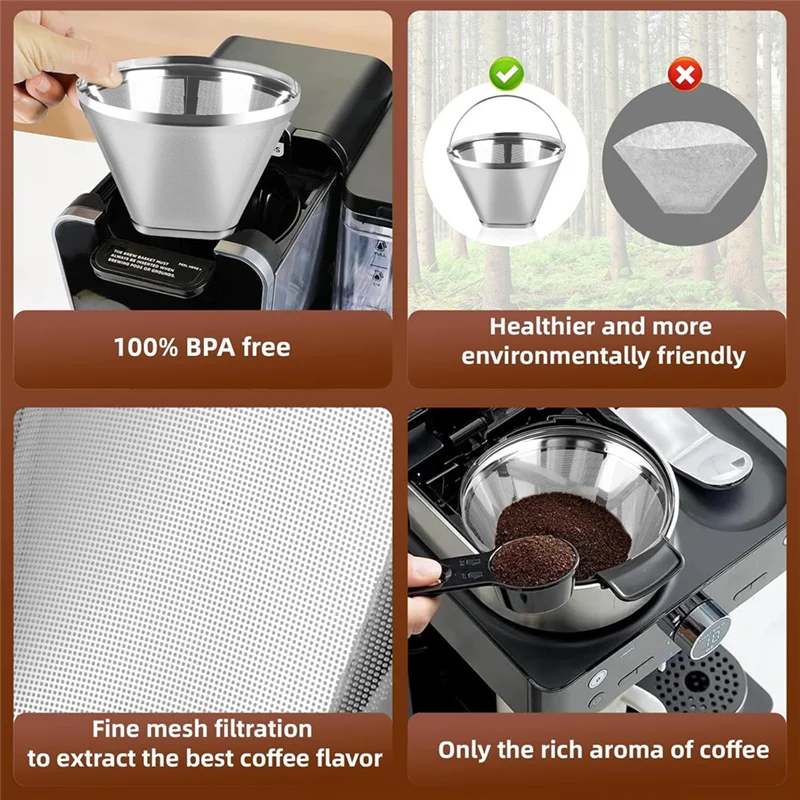BAAM-filtre à café en acier inoxydable, adapté au remplacement du filtre à café, filtre à café Permanent à 4 cônes 2 pièces