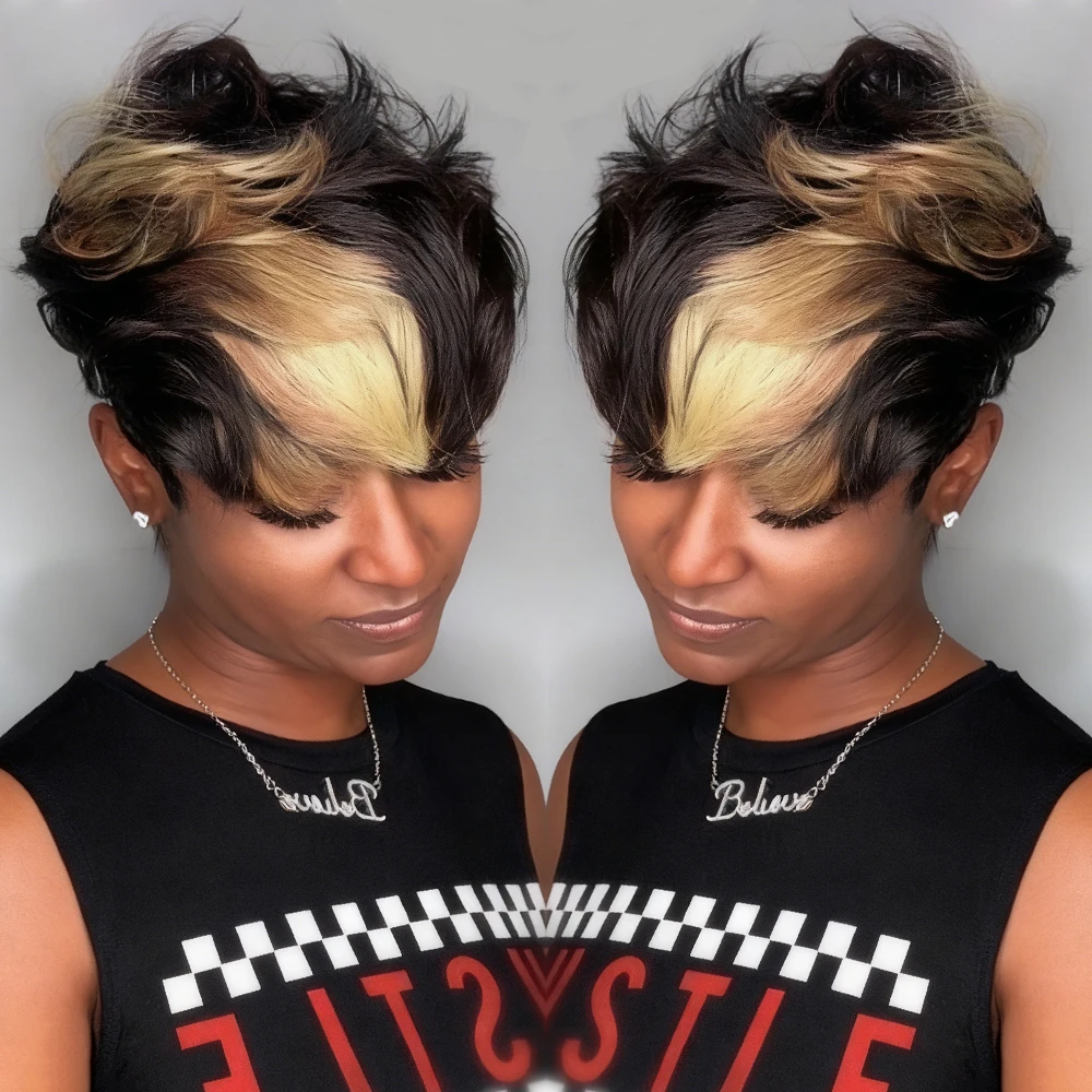 1B/27 Short Pixie Cut Wig with Bangs for Women
