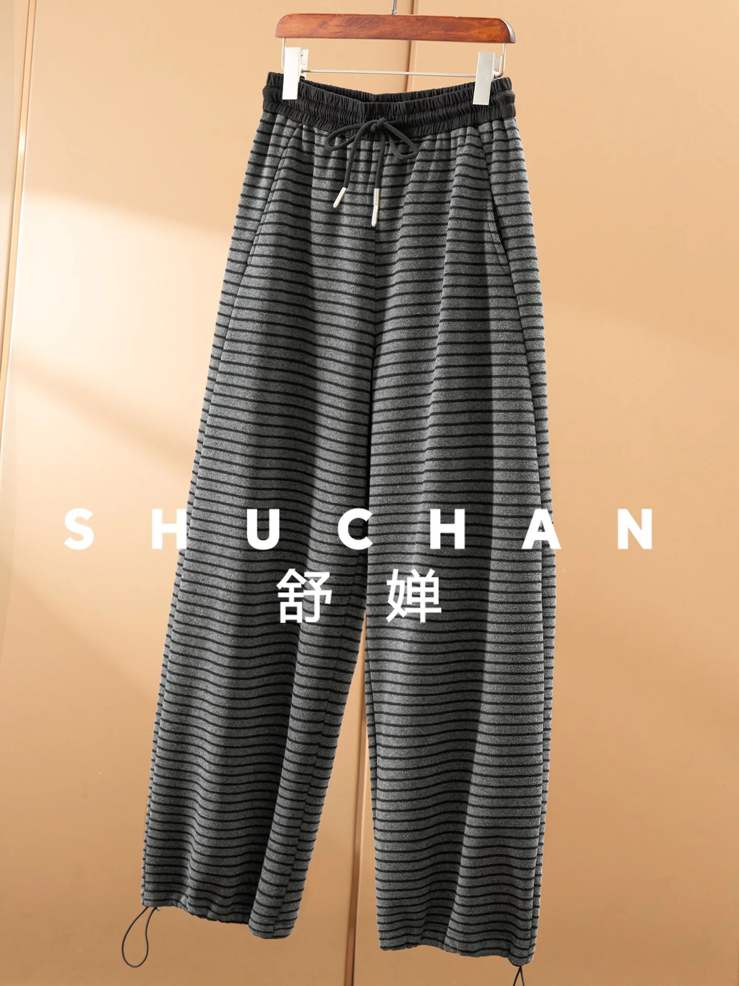 Fleece Pants Striped High Waist and Velvet Straight Women's 73F4 Wide Leg Pants Women Pantalones Mujer Verano
