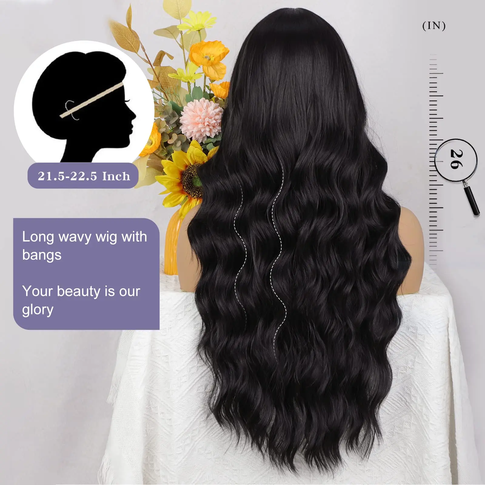 Black Synthetic Realistic Wig Long Natural Wave wigs With Bands Woman Stylish Women Stylish Fancy Glamorous Silky Heat Resistant