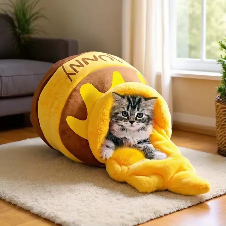 سرير قطط دافئ ومريح بيت عش الحيوانات الأليفة سرير للقطط وسادة ناعمة قابلة للإزالة نونسليب أسفل الكرتون قابل للغسل منزل وعاء العسل كهف #5