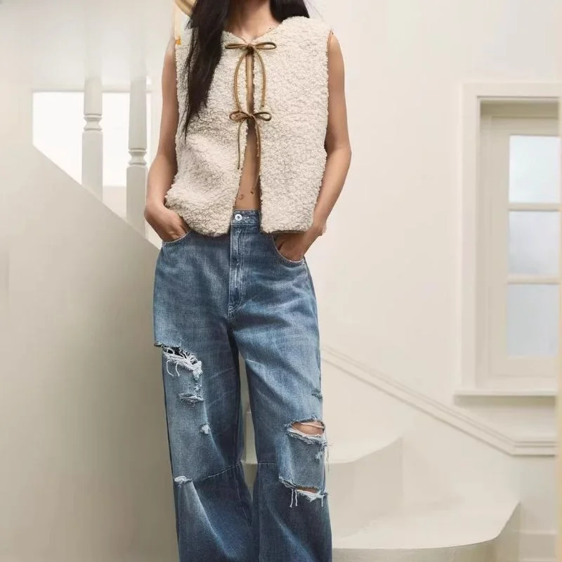 

Осенняя новинка: Женский жилет-ветровка с декоративными узлами, из хлопка с начесом под овчину, в милом стиле, свободного кроя