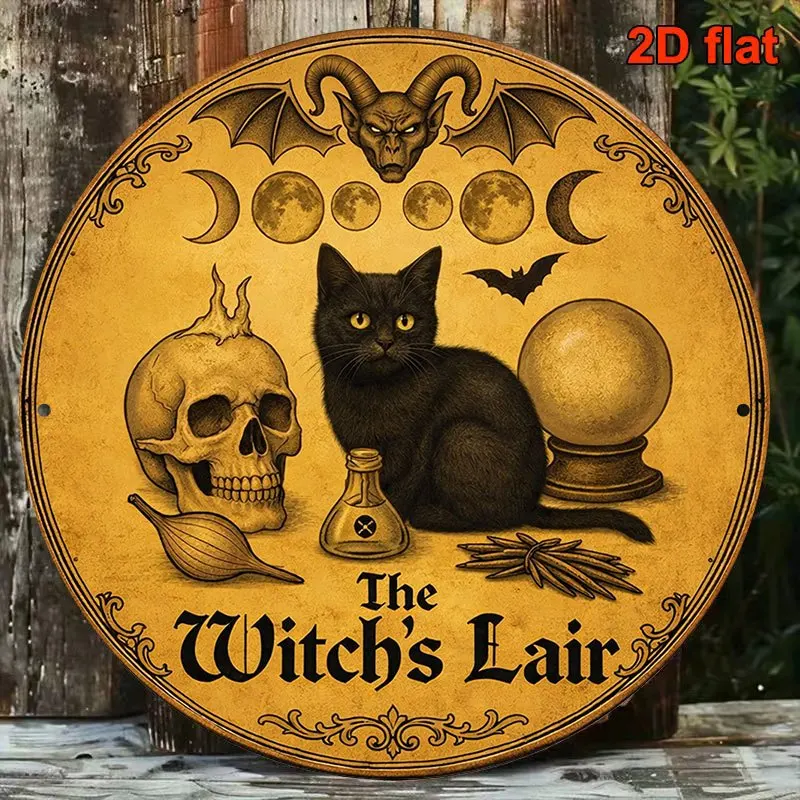 2D Flat, 1pc 2D Flat Wooden Printed Vintage Wooden Hanging Sign with Black Cat and Witch Moon Phase Pattern, Halloween Decorativ