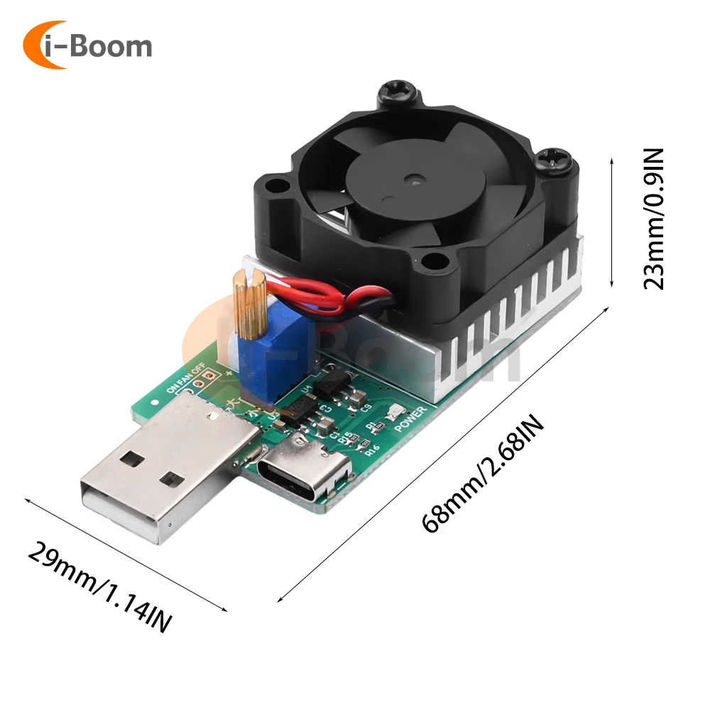 Tester obciążenia USB Elektroniczny moduł rezystora obciążenia 22,5 W Interfejs USB i typ C Regulowany prąd stały z wentylatorem chłodzącym