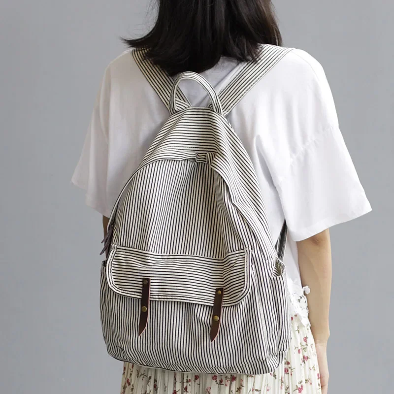 Casual Canvas Backpack Female School Bookbag for Teenager Cotton Leisure Fabric Student Bag Daily Everyday Striped Bagpack