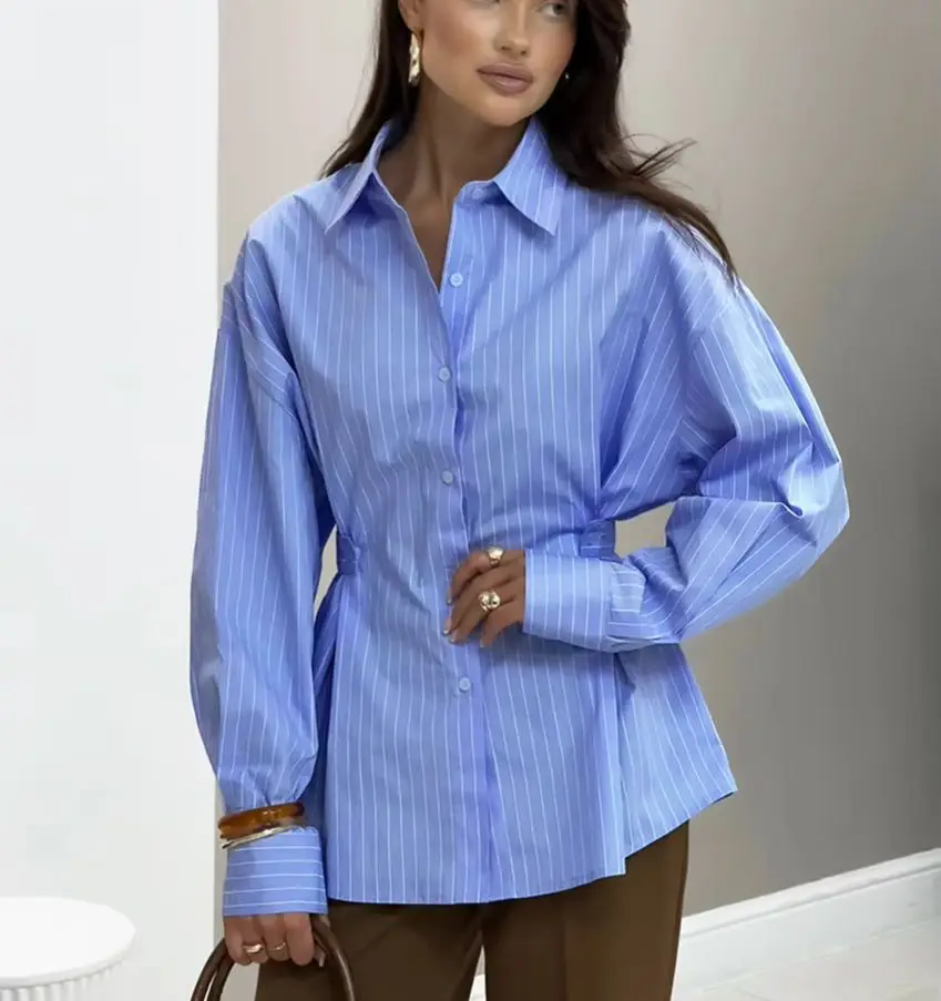 

WXOY Women Cotton Stripe Button Down Shirt Lapel Long Sleeve Fitted Waist Oversized Office Blouse Elegant Daily Work Wear