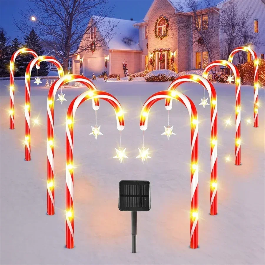 

2PCS 5 IN 1 Christmas Solar LED Candy Cane Lights with Star Snowflakes Santa Claus Waterproof Fairy Light Holiday Lighting