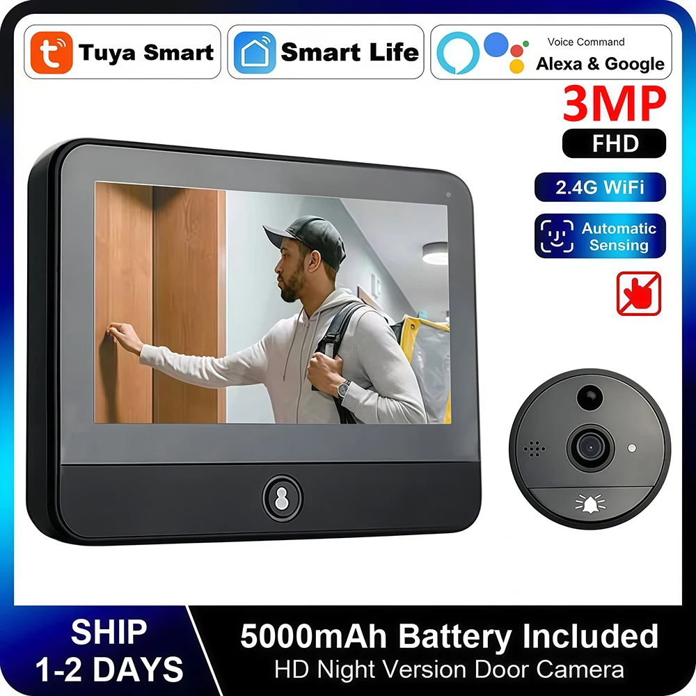 3MP WiFi Smart Tuya Peephole 5000mAh Doorbell Door Eye Camera Infrared Alexa Google Video Intercom Door Cameras Home Security