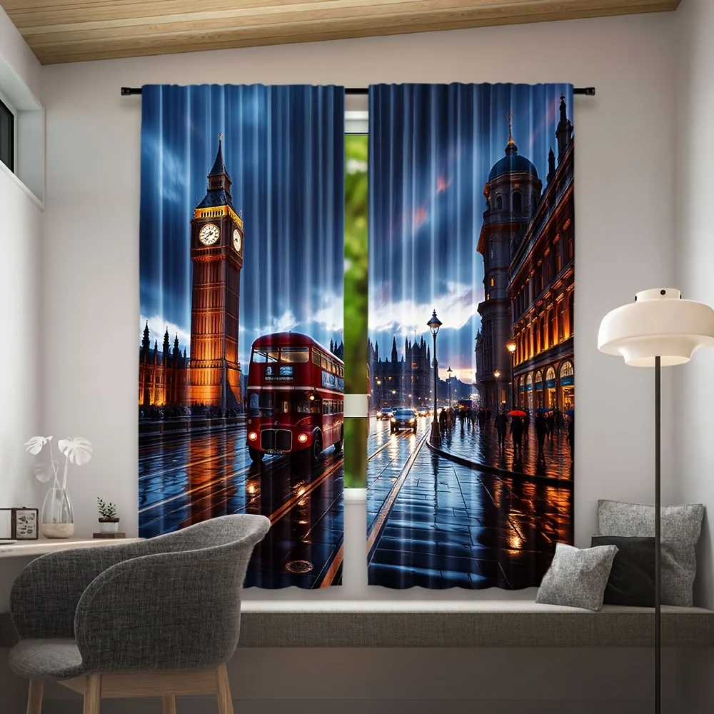 London Cityscape Curtain, Big Ben Red Bus Print Drape, UK Landmark Scenery Window Treatment for Living Room Bedroom Home Decor