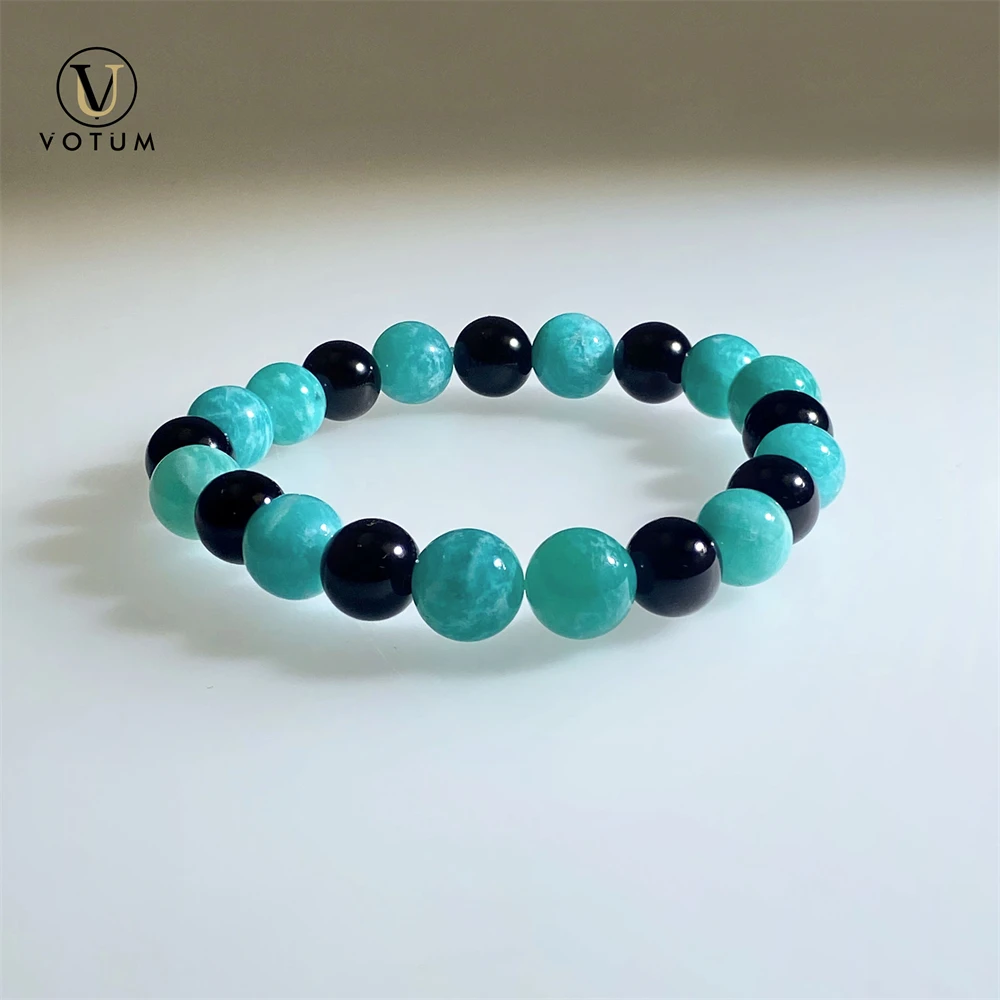 Votum Natural Amazonite Black Tourmaline Beaded Bracelet Chakra Energy Protection Crystal Healing Stone Wrist Band Gift Jewelry