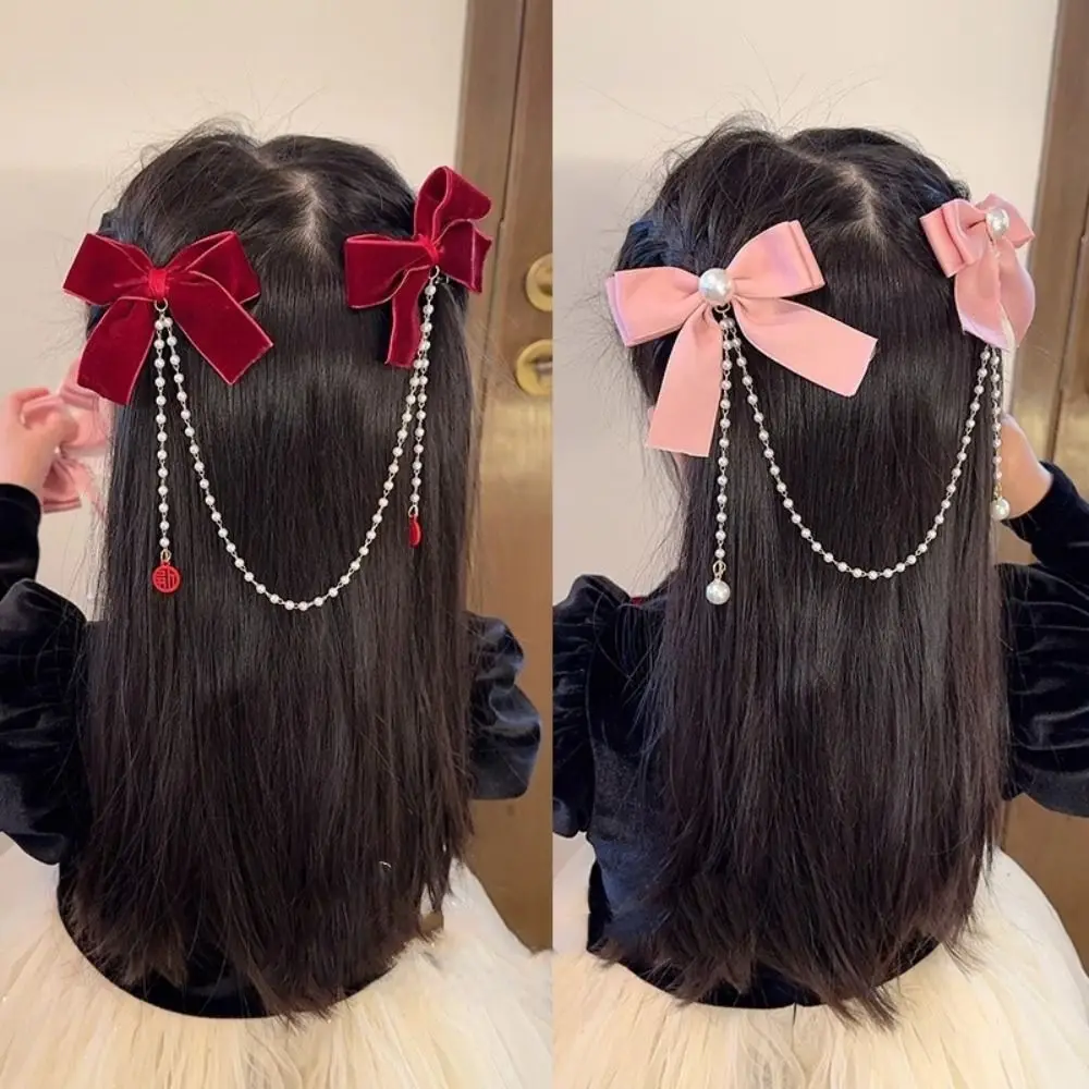 Tassel Bowknot Hair Clip Elegant Korean Style Pearl Chain Bow Tassel Hairpin Headwear Ponytail Clip Ribbon Bow Barrettes Party