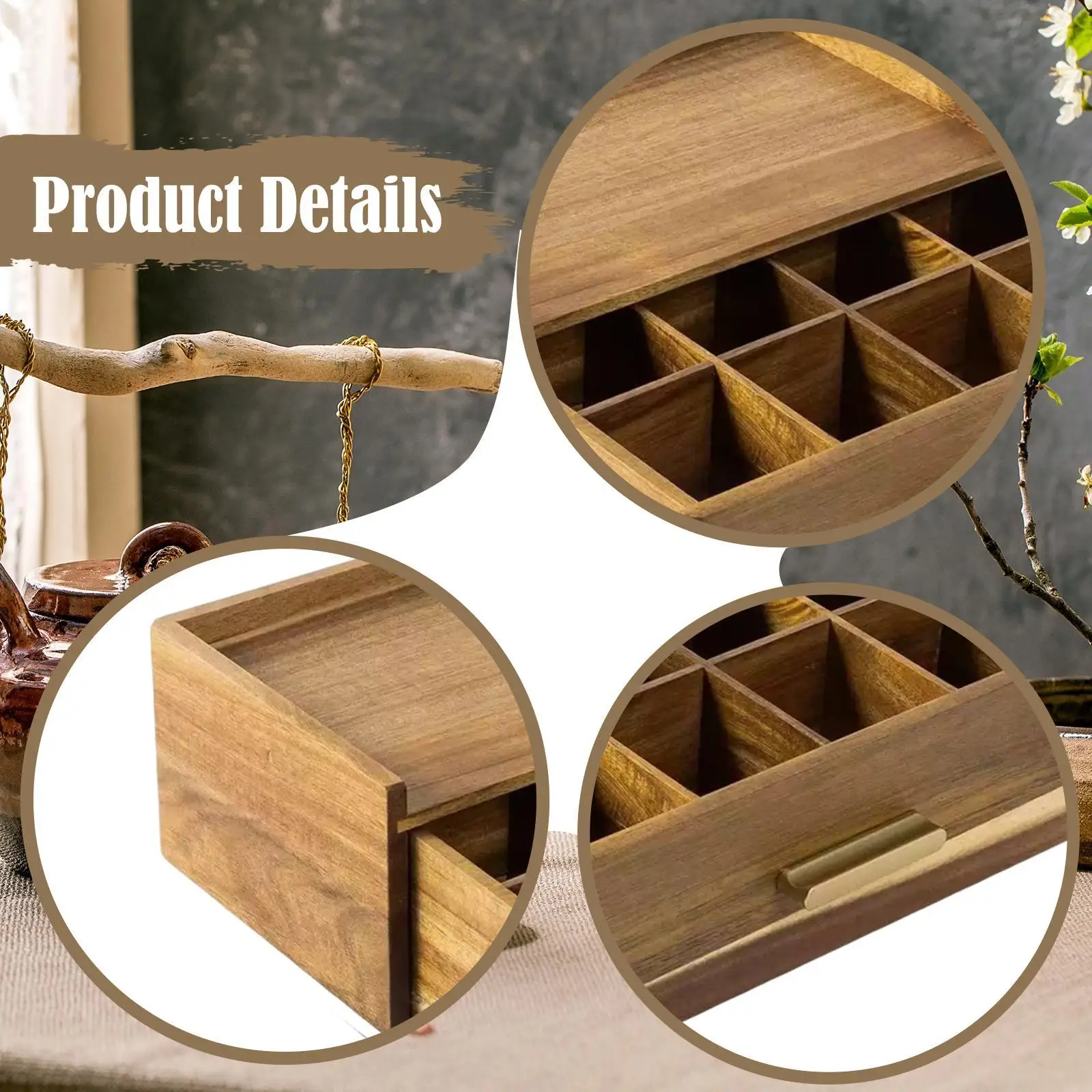 Rustic Wood Tea Bag Organizer Storage Box Multi Compartment Tea Station Drawer for Cabinet Pantry Living Room