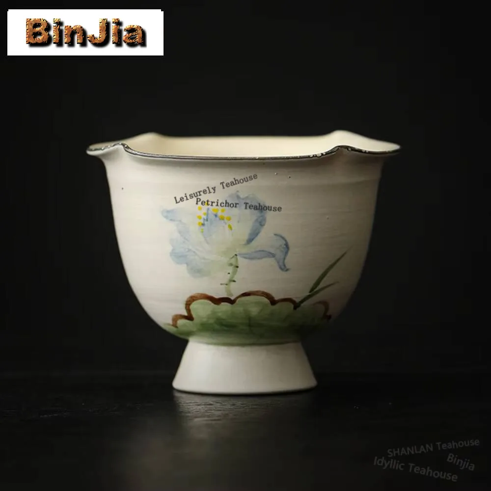70ml Powder Yin Flower Petal Hand-painted Blue Lotus Teacup Luxury Tea Bowl Mug Master Cups Jianzhan Tea Ceremony Collection