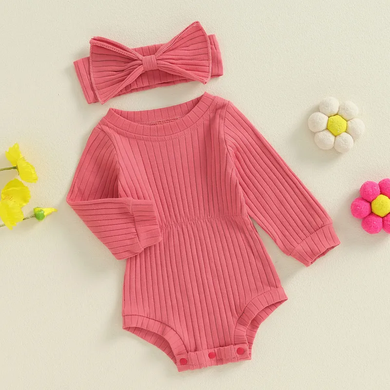 Newborn Baby Girls Bodysuit Spring Autumn Clothes Solid Color Ribbed Long Sleeve Jumpsuit and Cute Headband Set for Infant