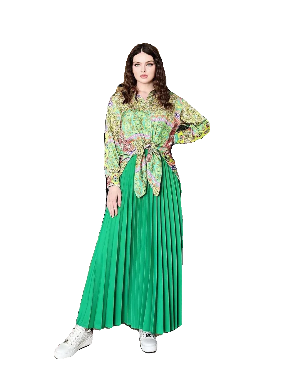 Printed irt Pleated Skirt Set Women's Faion Ensemble Autumn 2023 Gauze Fabric f-length Skirt Matching Top Set