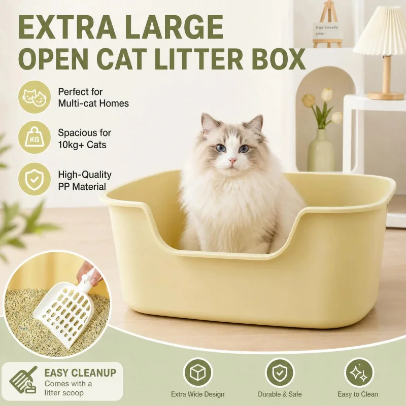 Extra Large Open Top Cat Litter Box High Side PP Plastic Easy Clean Litter Tray Pet Toilet for Multi Cats