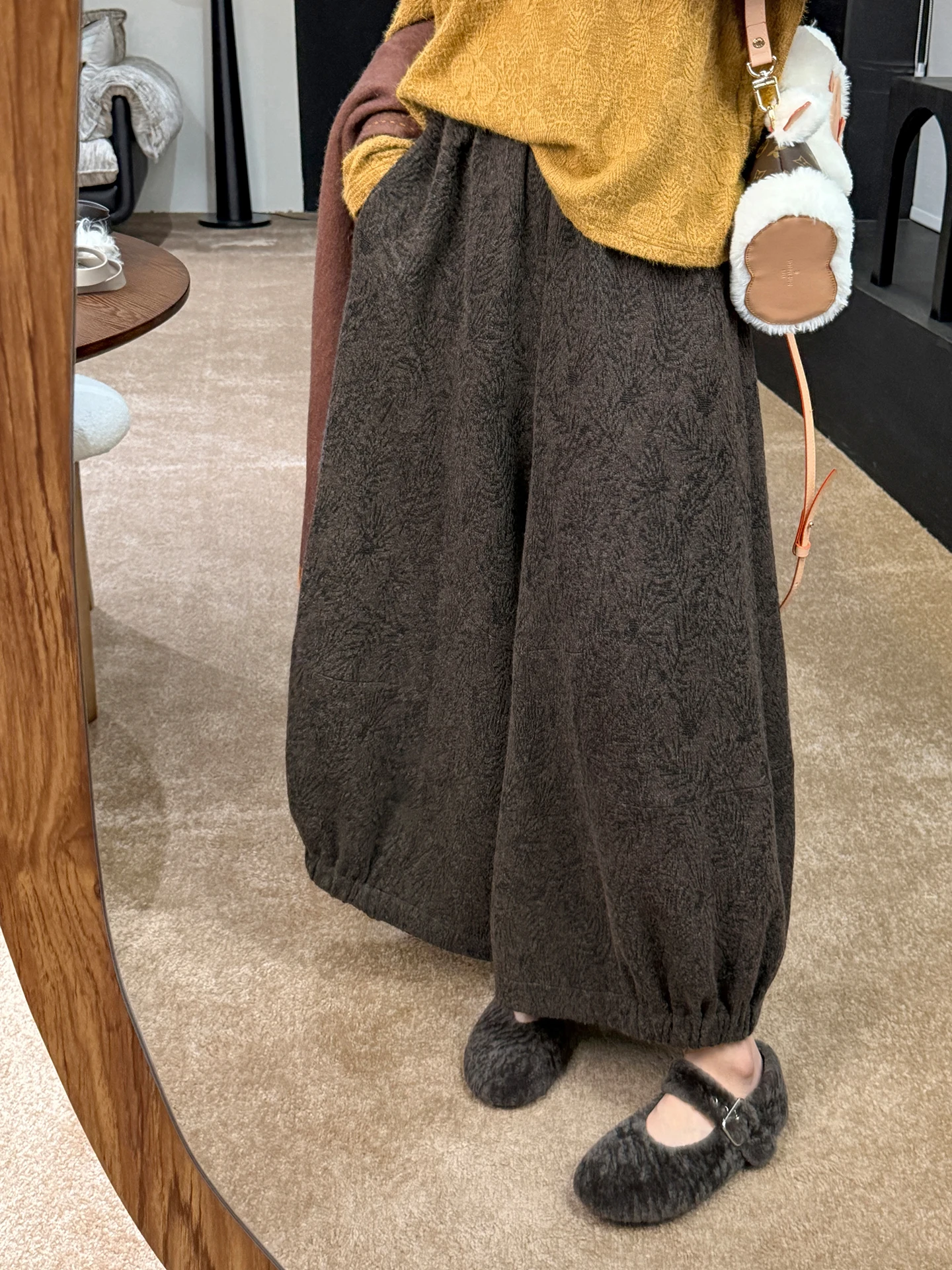 

Zhang ei "Same Frequency Gift" Brown Woolen Wide Leg Pants 9 Points Tweed Slimming Hip Covering Casual Trousers for Women