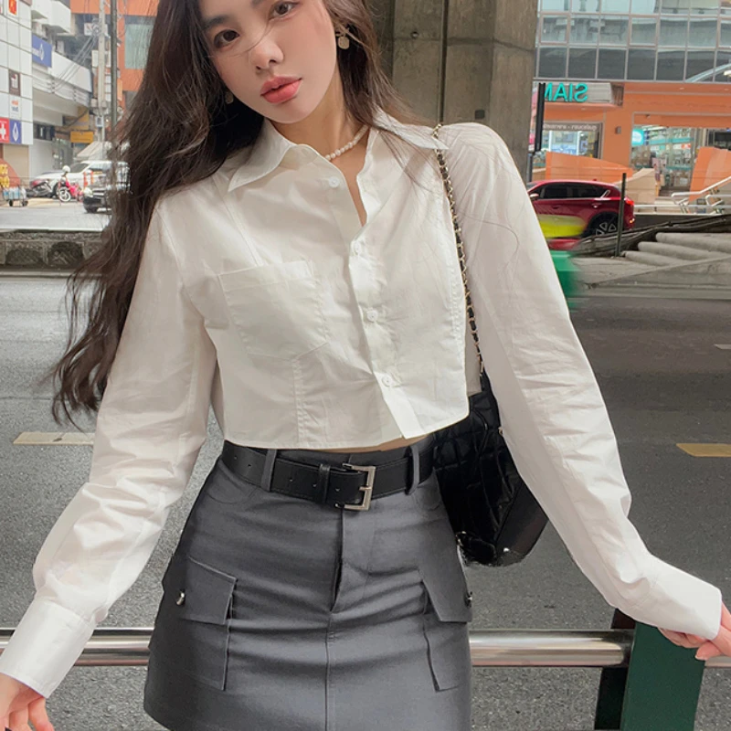 Long Sleeve Women Shirt Solid All-match High Street Preppy Style Spring Korean Fashion Sweet Hot Girls Crop Tops Casual Students