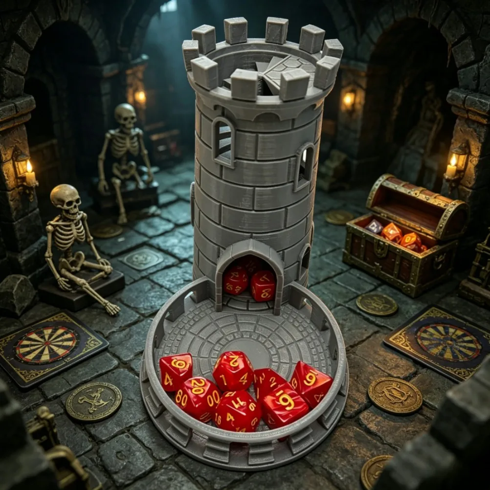 3D Printed Medieval Fort Castle Dice Tower Spiral Staircase Roller Tray for DND RPG MTG Tabletop Role‑Playing Game Accessory