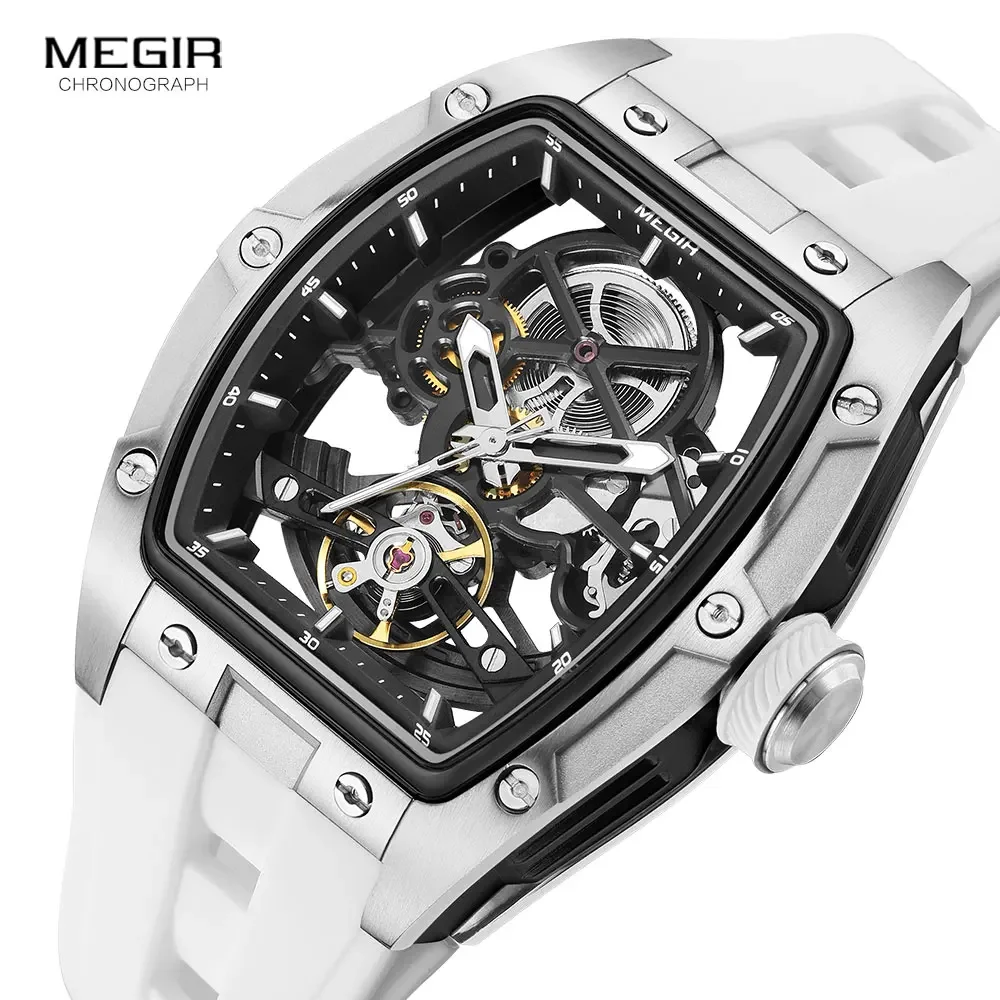MEGIR 2242 Fashion Barrel Type Men's Automatic Mechanical Watch Silicone Strap Hollow Skeleton Dial Watches for Man Reloj Hombre