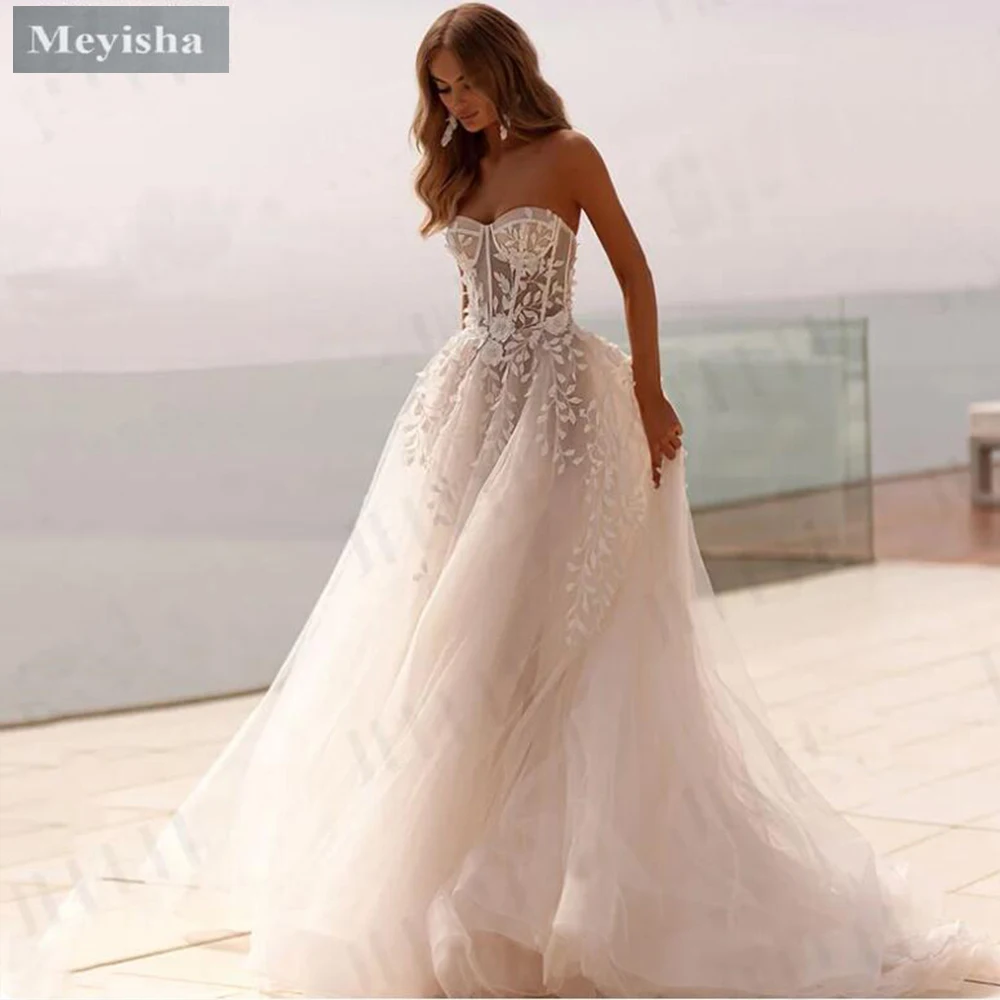 

ZJ6028 2024 Fashion Strapless 3D Flower Lace Applique Wedding Dresses Sweep Train Custom Bridal Grown 2024 Vestido De Noival