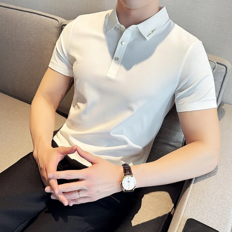 

Fashion Elastic Traceless Polo Shirts Men's 2024 Summer Ice Silk Casual Business Lapel T-shirt Slim Social Tee Tops Men Clothing