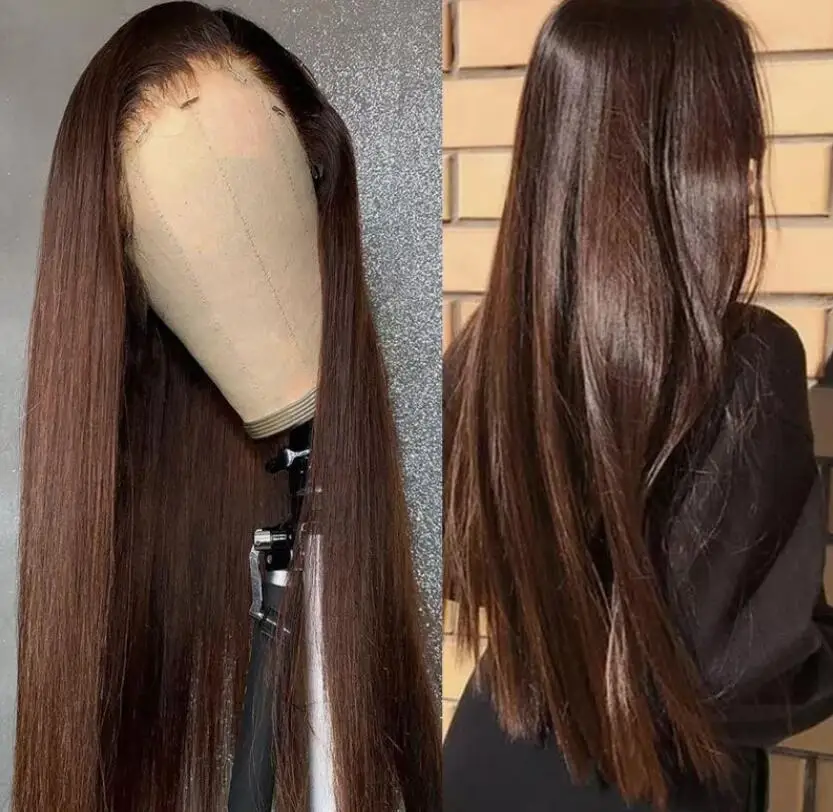 Long Straight T Lace Frontal Wigs Synthetic Hair Reddish brown Pre Plucked