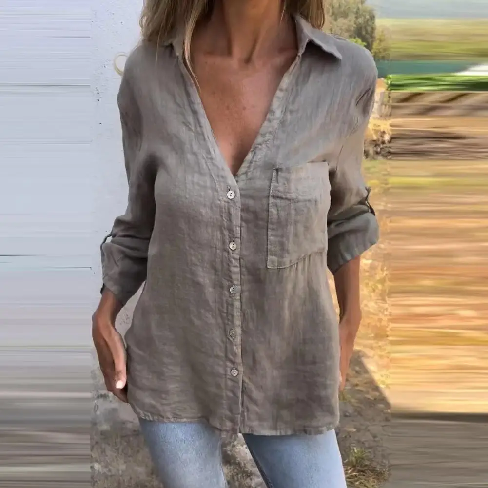 Women Shirt Solid Color V-neck Shirt Lapel V-neck Button Down Shirt Tops for Women Solid Color Tops with Patch Pocket Regular