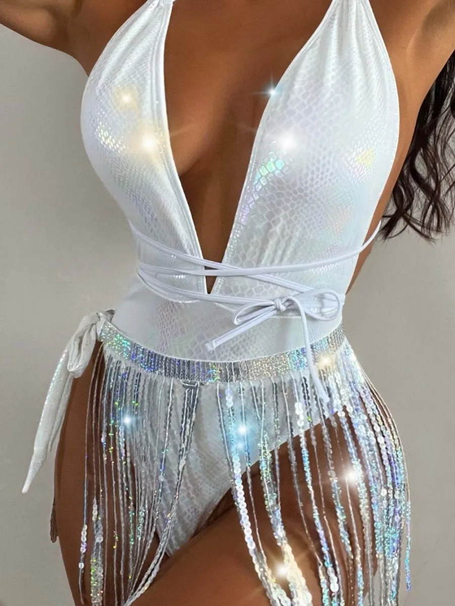 Women's Sexy Deep V One-piece Fashionable Tassels Bobysuit For Women Rompers American Style Tight Fitting Open Back Bodysuit K3