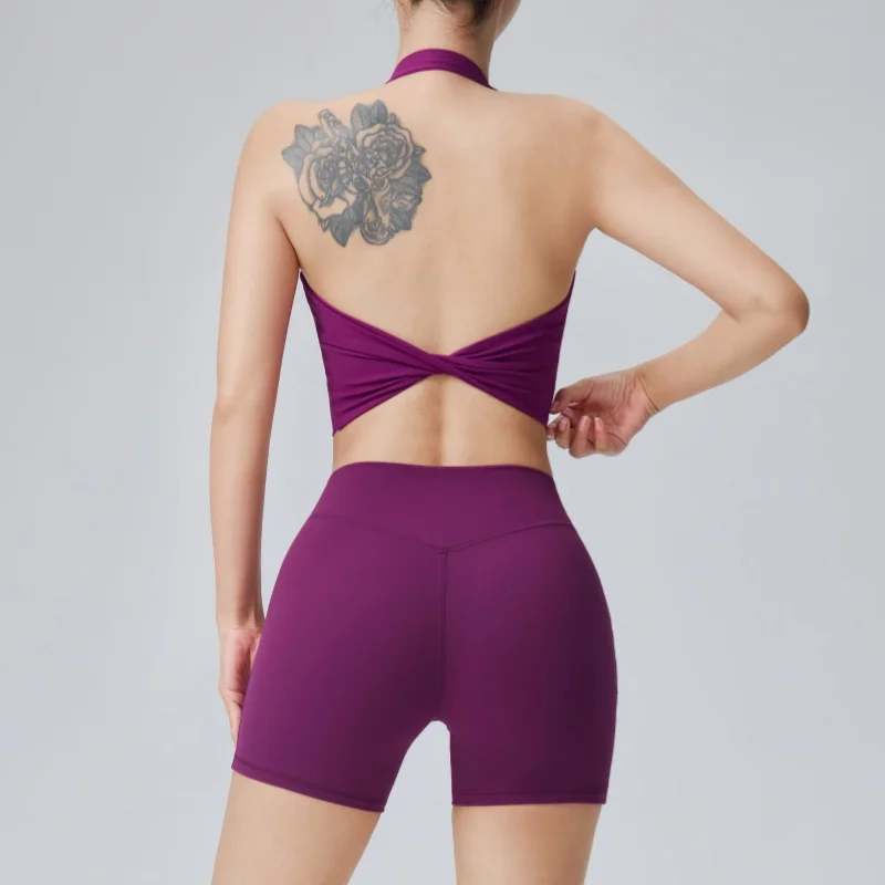 Einfarbiges, verdrehtes Yoga-Oberteil mit schöner Rückenpartie, Fitness-Shorts, Yoga-Set für Damen, Sport- und Laufbekleidung, Yoga-Kleidungsset – Detail 9