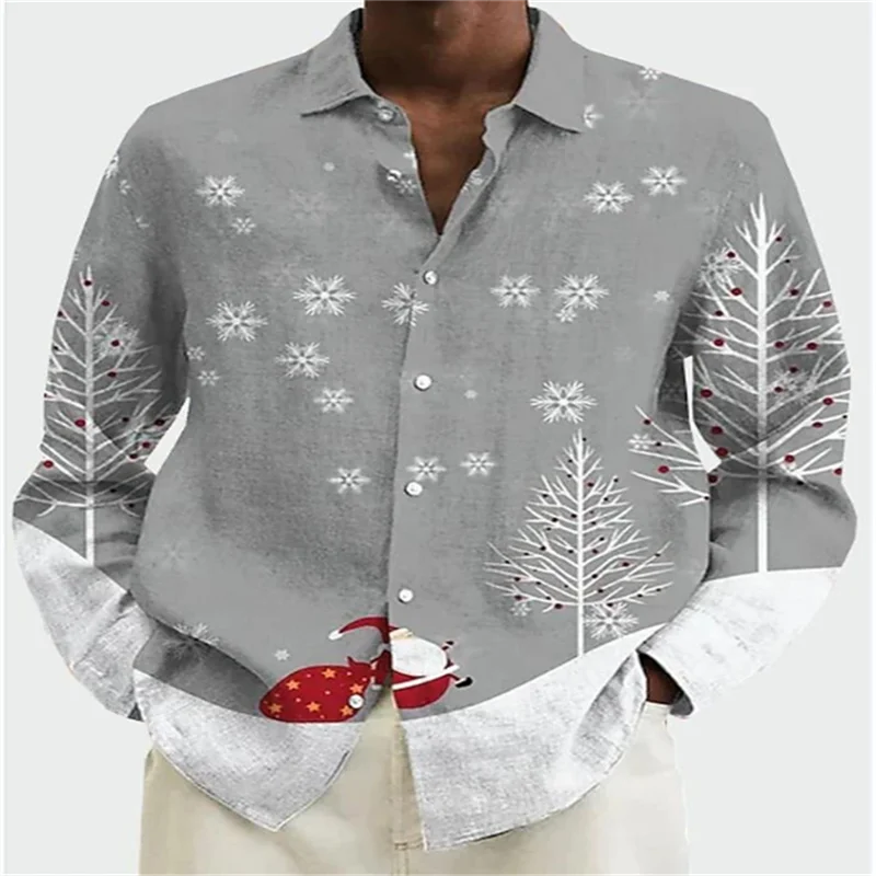 

2024 Men's Shirt 3D Printed Pattern Snowflake Christmas Street Long Sleeve Button Lapel Clothing Retro Design Casual Breathable