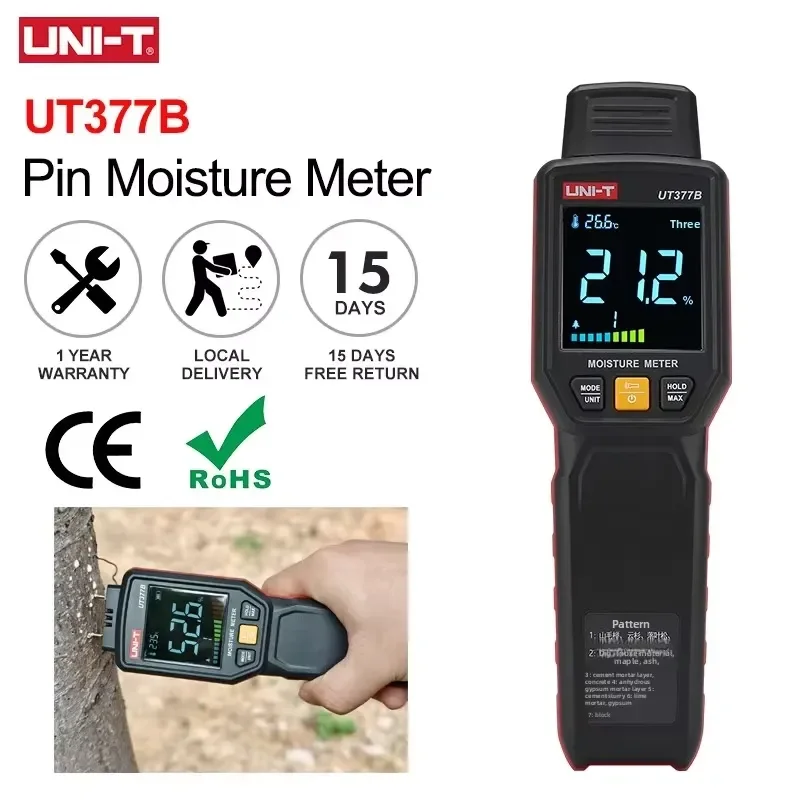 UT377B High Accuracy Pin Moisture Meter Wood Humidity Tester Building Materials Measurement Timber Damp Detector LED