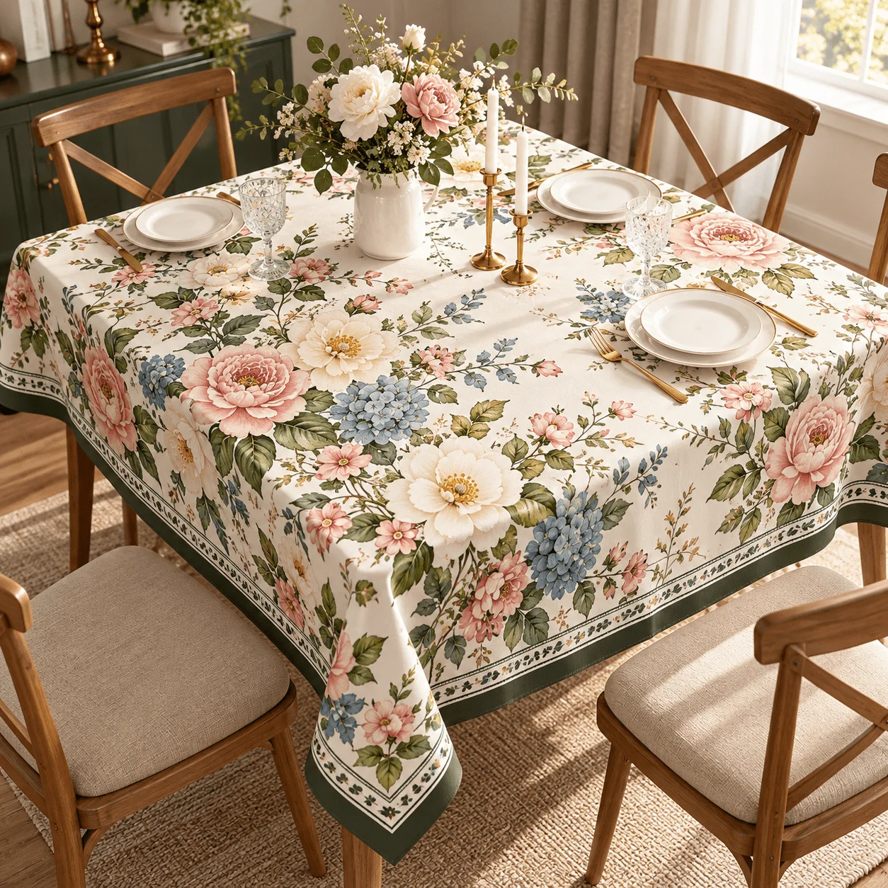 1 square tablecloth, vintage pastoral flower print polyester tablecloth, exquisite pink rose blue hydrangea pattern