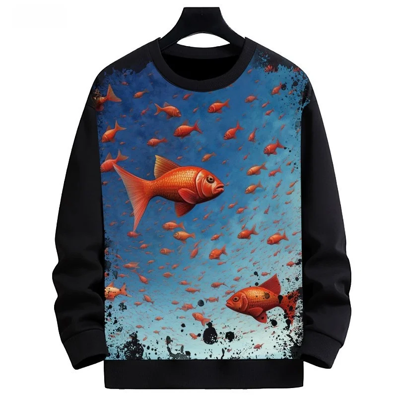 Sweater Pria Longgar Berlapis Fce dengan Pola Ikan Mas Cetak Digital, Gaya Kasual Bisnis Musim Dingin, Serat Poliester
