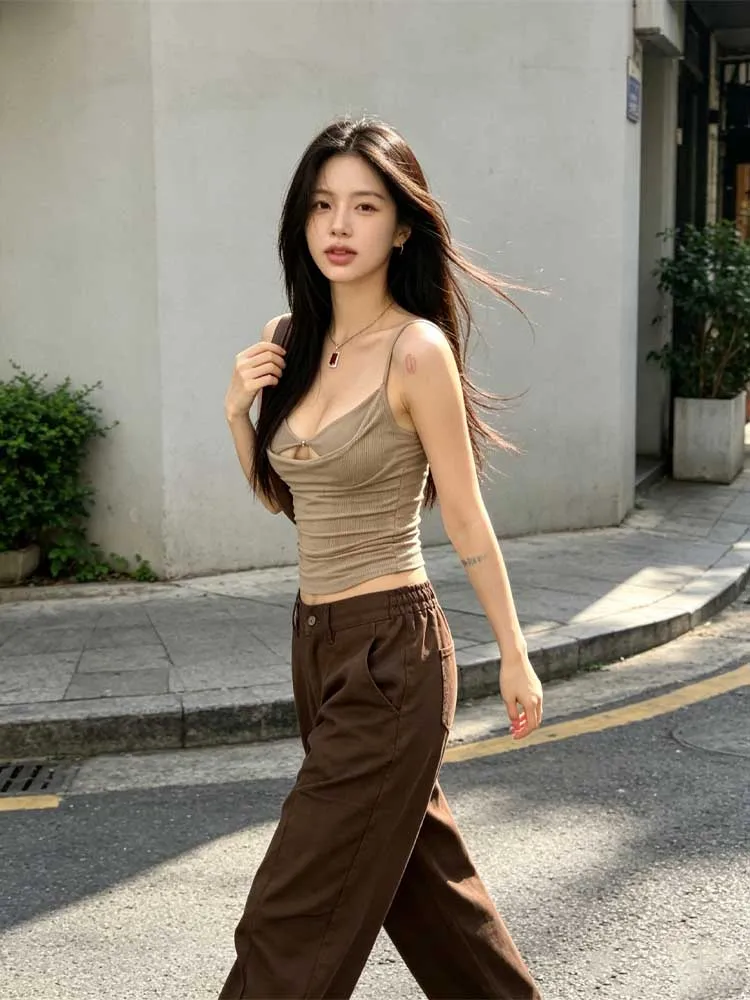 American retro V-neck metal buckle hollowed out camisole vest for women's slim fit short style spicy girl inner top