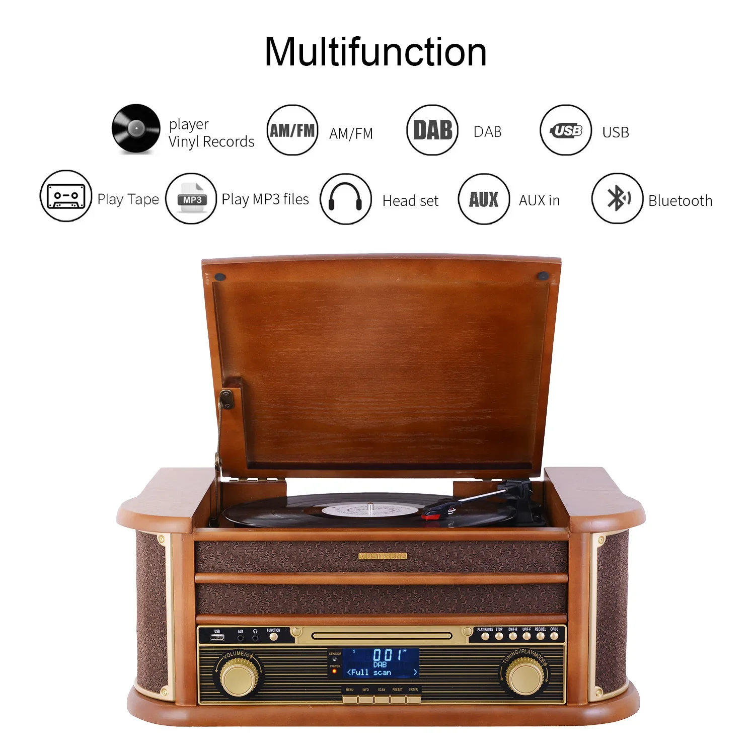 Nostalgic Bluetooth Music Center Vinyl Turntable Player with CD Cassette USB Recording Function for Home Entertainment