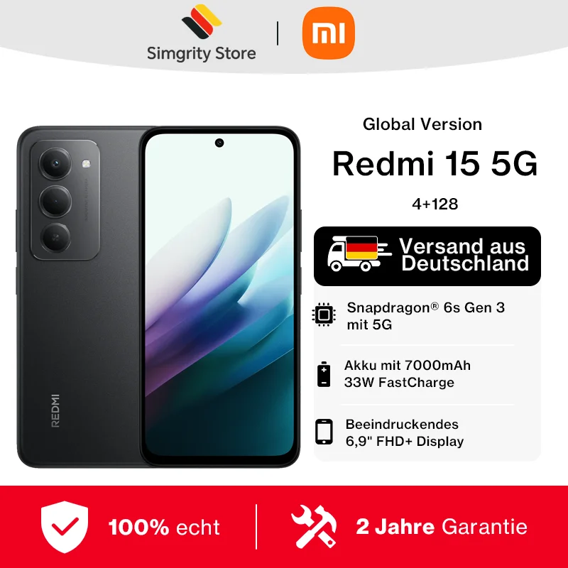 Version mondiale Redmi 15 5G 7000 mAh (typique) Batterie 33 W Snapdragon® 6s Gen 3 Smartphone Écran 6,9 pouces 144 Hz Appareil photo 50 Mpx avec IA Téléphone portable Xiaomi