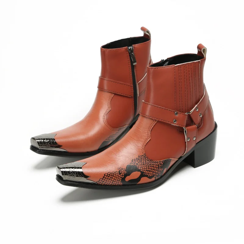 

High Top 5cm Boots Genuine Cow Leather Fashion Men'S Quality Height Ankle Increased Shoes Men Winter Zip Pointed Toe Boot