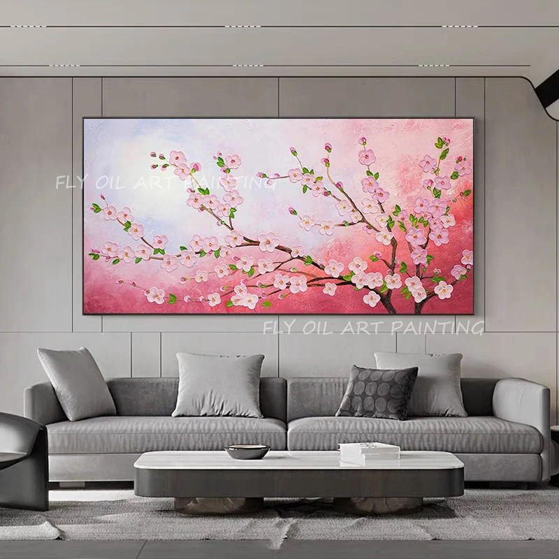 

Large Size Pink Flower 100% Handmade Abstract Cherry Blossom Oil Painting Modern Flowers Tree Sakura Canvas Painting Wall Decor