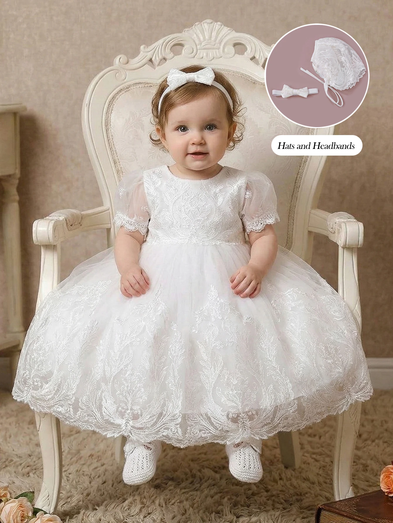 

Белое крестильное платье для девочки с кружевной вышивкой и сеткой, праздничное платье для девочки на день рождения, с шапочкой и повязкой для волос.