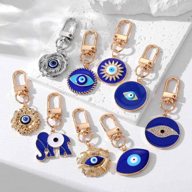 Flower Elephant Blue Evil Eye Keychain Keyring Women Zircon Retro Round Animal Turkish Lucky Eye Bag Car Airpods Box Accessory