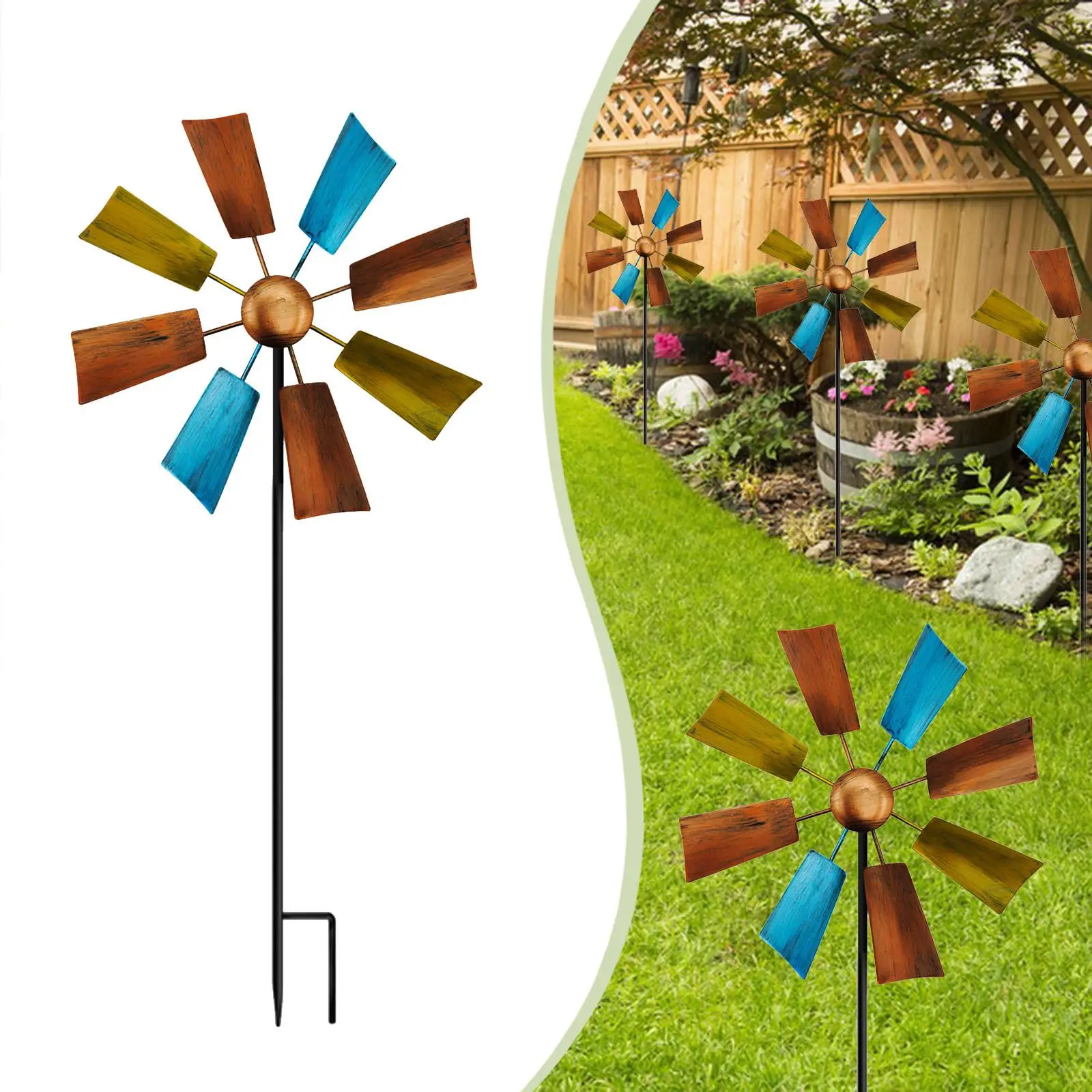Windmill Flower Garden Kinetic Wind Spinner Wrought Iron Outdoor Decoration Gift for Backyard Patio Lawn