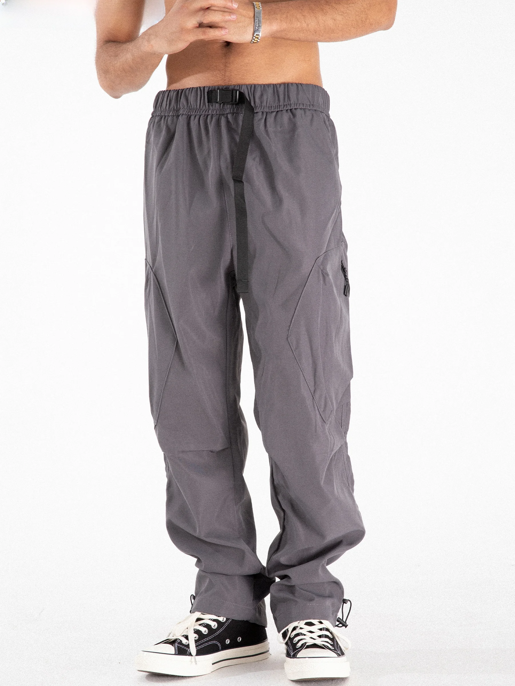 Onesevenine Original Casual Wear Loose Straight Leg Trousers Men Autumn Drawstring Pocket Workwear Comfortable Polyester Fiber