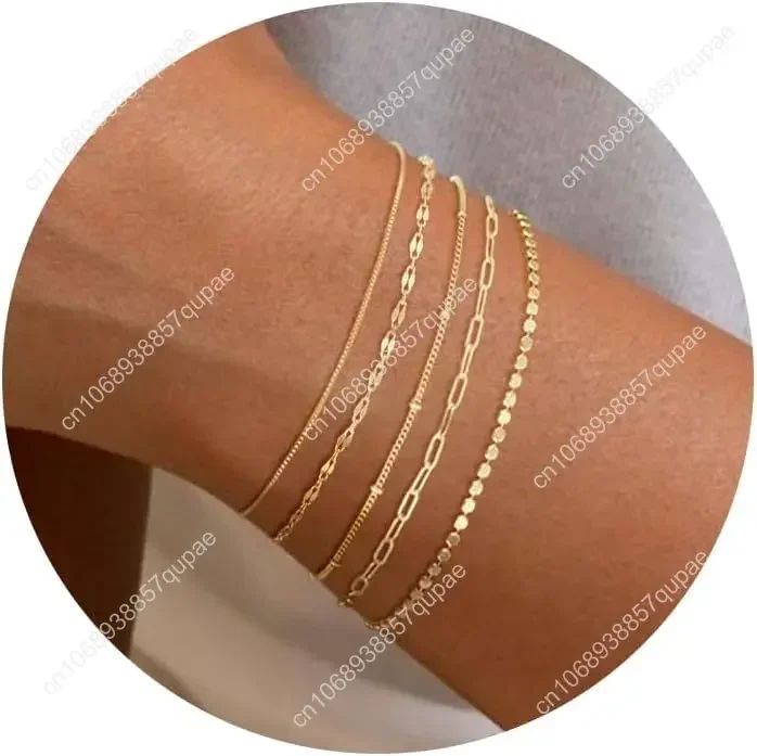 

Gold Bracelets for Women Trendy, Dainty 14K Gold Plated Bracelet Stack Beaded Chain Bracelet Set Thin Small Cute Paperclip B