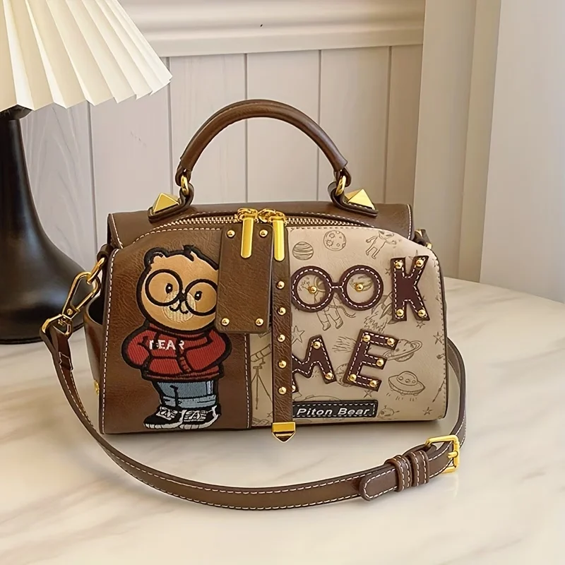 Large Capacity Print Retro Boston BagCrossbody Bag with Detachable Strap, Suitable for Travel, Zipper Closure Shoulder Purse