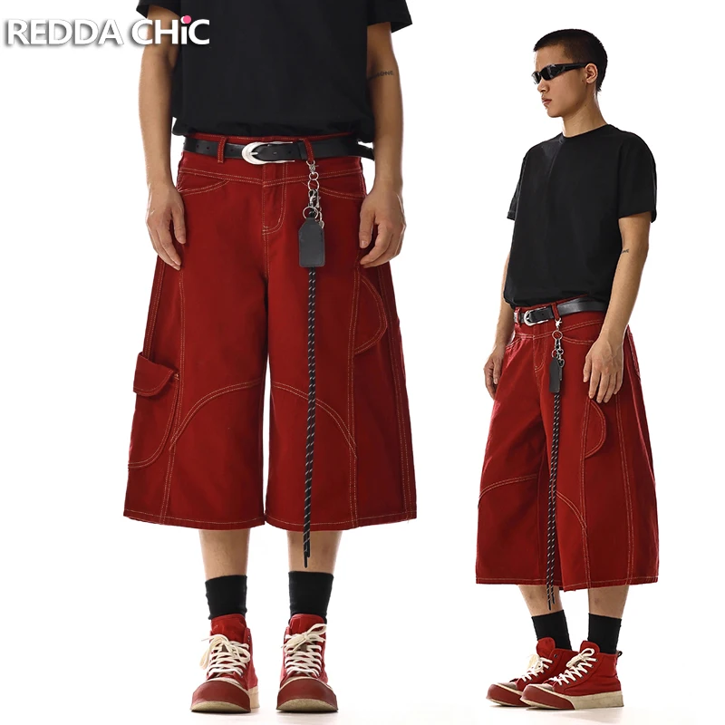 

REDDACHiC Stitching Seam Cargo Jean Shorts Casual Loose Fit Barrel Pockets High Rise Bermuda Pants Rapper Skater Men Streetwear