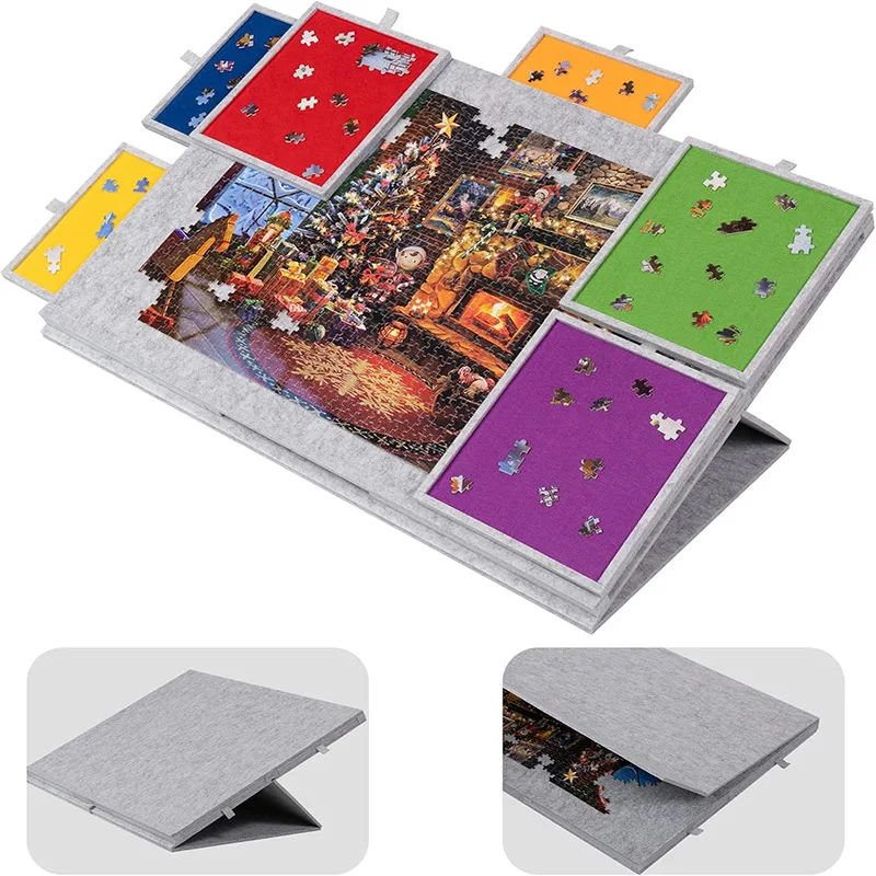 

Puzzle Table Board Folding with Stand Lid Color 6 Drawer Portable Puzzle Mat Sorting Felt