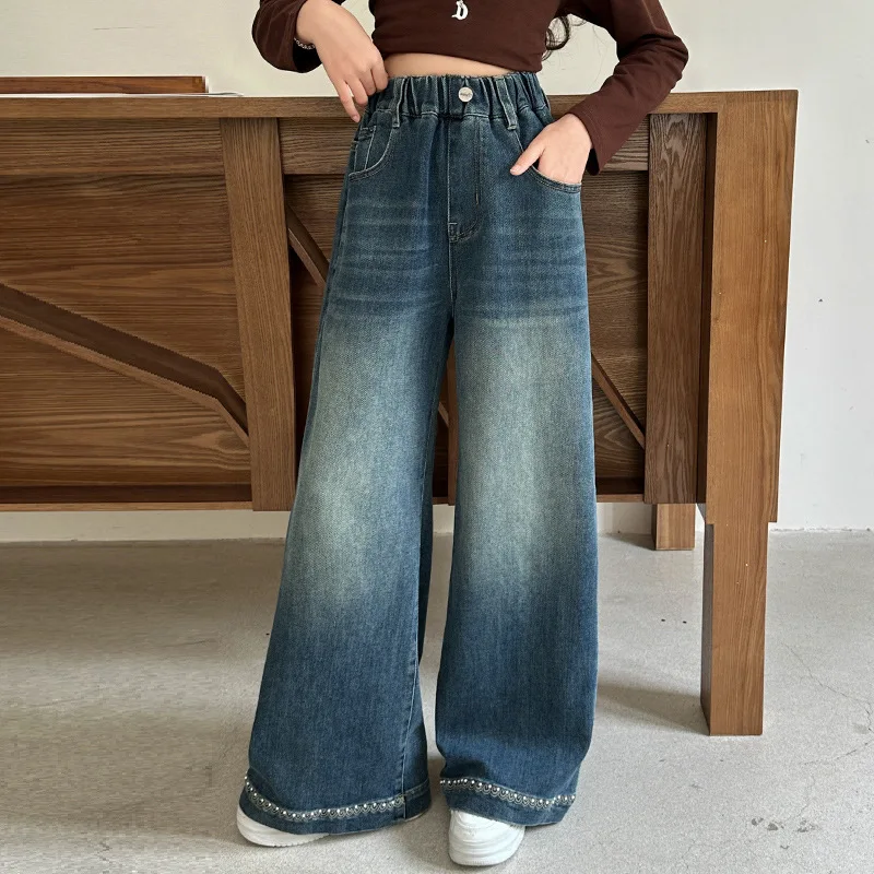 

Spring Autumn Kids Vintage Blue Wide Leg Jeans for Teens Girl Fashion High Waist Denim Pants with Pearls Child Casual Trousers
